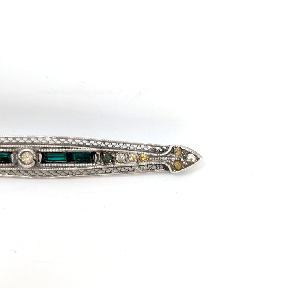 Vintage Art Deco Sterling Silver Green Baguette Rhinestone Bar Brooch - Picture 12 of 13